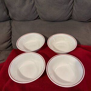VTG 1970's Corning Corelle BURGUNDY Cereal/Salad Bowls (4)-Red Stripe-6.25"D-EUC
